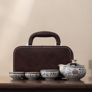 전통찻잔 휴대용 여행용 차 세트 세라믹 블루 앤 화이트 유 공푸 브루잉 포트 세 개의 컵 포함 야외용 내열성, 13)보병 붉은 꽃 덩굴 연꽃 냄비 1개와 컵 3개