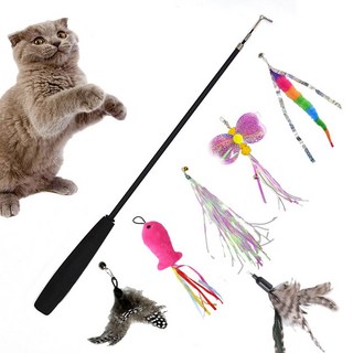 고양이 3단 낚시대 야옹이 깃털 장난감 7종세트, 1세트, 블랙