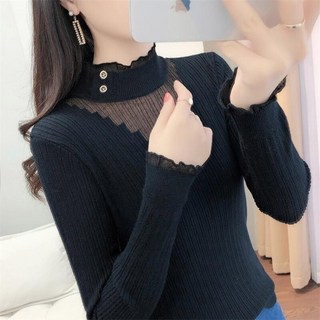 페이준 여성 봄가을 레이스 니트 슬림핏 얇은 망사 긴팔 반폴라 니트 IB5152