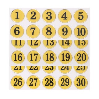 쿤스트마렌 원형 에폭시 테이블 락커 번호 스티커, 1세트, 노랑 1~30번 세트