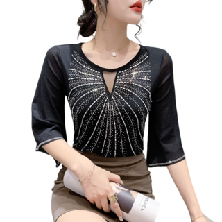 댄스복 상의 여성용 핫피스 라운드 망사티 슬림 7부 스판 티셔츠+ 뉴타임즈 Y340I530