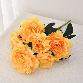 7頭牡丹花束假花 高檔手捧花道具家居餐桌裝飾擺件仿真花仿真花永生花人造花乾燥花永不凋零拍照道具假花裝飾居家裝飾, 7頭大牡丹-黃色, 1個