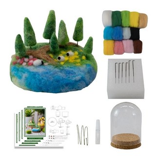 微景觀小屋羊毛氈手工DIY材料包 附玻璃罩 擺件 朋友家人自製禮物 臺灣出貨, 1個, 【夏之生機】玻璃罩款