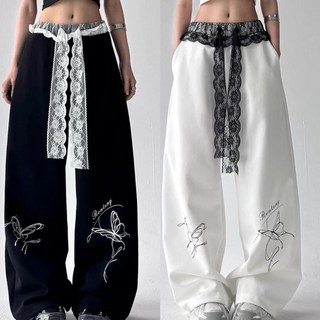 Merero 여성 힙합 줌바 의상 리본 레이스 캐주얼 트레이닝복 댄스 의상 와이드 팬츠 재즈 댄스 트레이닝 바지