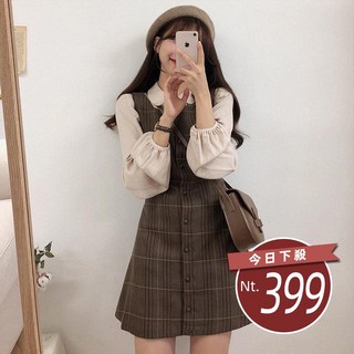 韓版復古格子連衣裙 裙子 褲裙 長裙 女裝, 【S101】格子背心裙