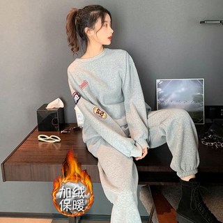 抗寒熱銷 秋冬加絨加厚運動套裝女 刷毛保暖衛衣 束口長褲兩件套 冬季必備 限時優惠 a0058