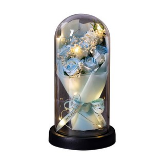 永生花透明罩花束 香皂花小夜燈 玫瑰花束 儀式感必備 結婚禮物 生日禮物 畢業禮物 情人節禮物 交換禮物 告白禮物, 永生花透明罩花束 藍玫瑰7朵+燈串