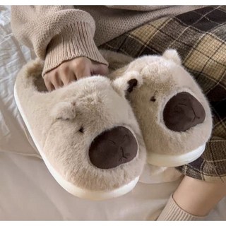 卡皮巴拉水豚造型絨毛保暖拖鞋 居家室內防滑靜音舒適拖鞋 多款可選, 米杏,38/39（24）
