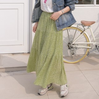 데일리앤 센느 여리여리 링클 쉬폰 플레어 밴딩 캉캉 플라워 롱 스커트 봄 여름