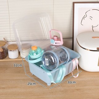 奶瓶瀝水架 奶瓶收納箱 碗盤收納 大容量 寶寶奶瓶收納 多功能收納 防塵帶蓋, 無支架/全翻蓋/灰抽-【藍色】小號