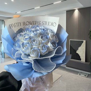 玫瑰花束 情人節禮物 199朵永生香皂花 告白求婚大花束 生日禮物送女友閨蜜, 1個, 19朵碎冰藍