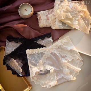 性感緞面蕾絲內褲 女士桑蠶絲抗菌無痕三角褲 純慾風美宅內褲 大碼透氣女生內褲, 灰色,L(50-60公斤)