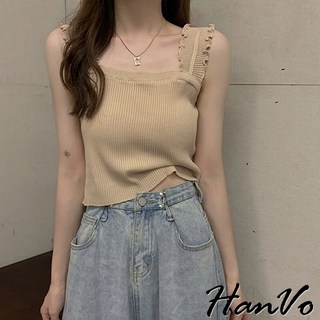 HanVo 木耳肩帶短版針織背心 - 韓系休閒百搭圓領合身針織上衣 - 韓系女裝 A01-1347