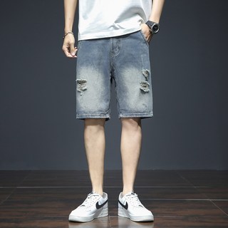 【美式復古潮】牛仔短褲 大碼男裝 五分褲 破洞牛仔褲 中褲 潮牌男褲 寬鬆直筒 夏季薄款 水洗做舊 街頭休閒穿搭