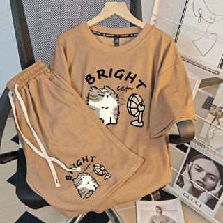 華夫格休閒套裝男士夏季短袖t恤男裝一套搭配帥氣潮牌運動上衣服