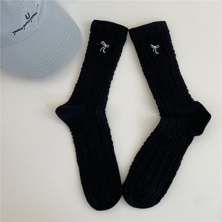 No Plan 麻花刺繡蝴蝶結長襪 女襪 長襪 小腿襪 高筒襪 韓國襪 棉襪