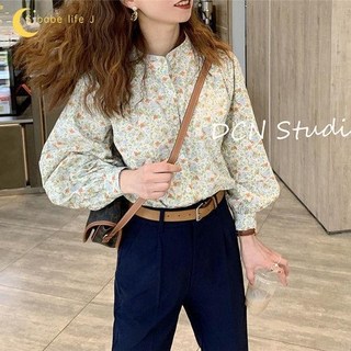 泡芙小店 春秋新款 韓系復古淺綠小茉莉碎花立領襯衫