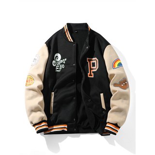 美式拼色刺繡棒球夾克 男款休閒運動防風外套
