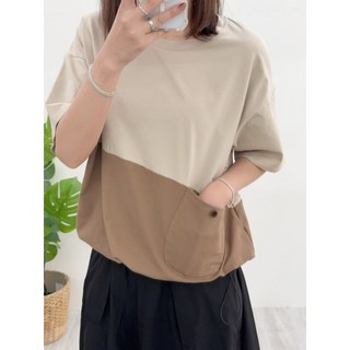 涼感棉撞色抽繩T #4020 質感雙色拼接日系風格，親膚透氣百搭實穿, 灰