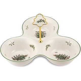 나무 손잡이가 있는 스포이드 크리스마스 트리 3 섹션 서버 - 견과류 사탕 조미료 홀리데이 간식용 분할 서빙 트레이 계절별 엔터테인먼트 및 호스팅을 위한 축제용 토기 식기, 1개