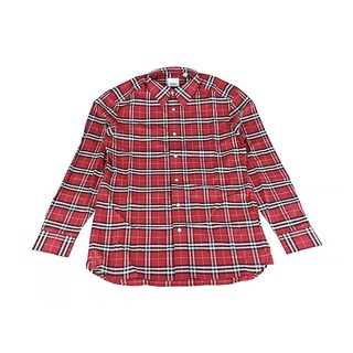 BURBERRY 標籤印字LOGO格紋設計棉質鈕釦長袖扣領襯衫(男款/紅)