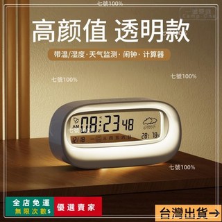 桃園出貨 LED濕度鐘 透明鐘 多功能時鐘 智能鬧鐘 濕度計 數顯鐘鬧鍾學生專用鬧鈴兒童男女桌麵時鍾小錶式數字智, 【電池】旗艦透明-粉色,【可計時+溫度濕度+天氣圖標】