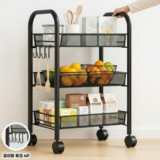 앙플러스 튼튼한 철제 이동식 트롤리 수납 선반, 3단, 다크블랙