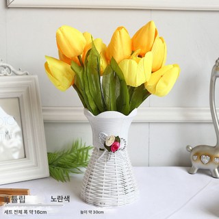 플라워 플러스 꽃병 세트 예쁜 견화 장식 꽃 거실 실내 플라스틱 조화 모조 식탁 세트, 노랑Tj튤립2개+꽃바구니