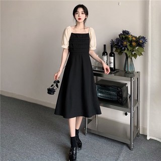 韓版收腰顯瘦法式泡泡袖方領中長款連衣裙, 黑色,L