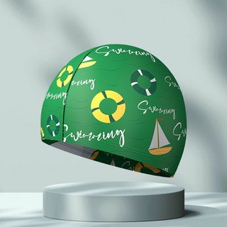 布帽泳帽成人男士女士學生大童高彈舒適印花不勒頭透氣通用游泳帽, 1個, 綠底泳圈丨布帽【清倉】