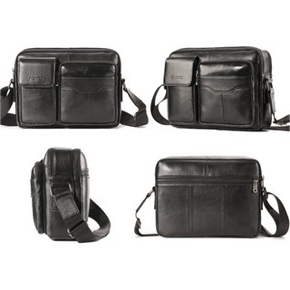 [TW艾淘包]真皮男性斜挎包 復古牛皮肩背包 橫款公文包 商務包 真牛皮肩背包 側背包 真皮包 斜跨包 辦公包包, 黑色真皮肩揹包-7607