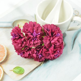 迷你康乃馨人造絲綢玫瑰花束，婚禮家居裝飾DIY手工工藝品配件假花, 酒紅, 1個