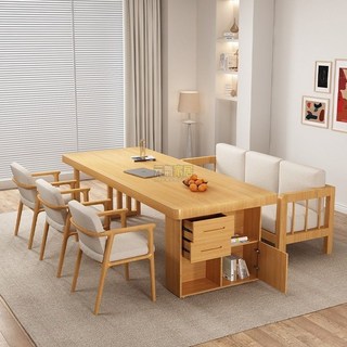北歐簡約現代原木色大書桌，客廳辦公室會議室適用，帶抽屜長條桌, 板厚5公分,舒美特椅*2