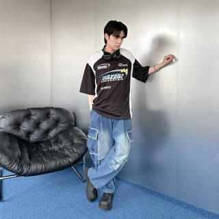 寬鬆刷色工裝牛仔褲 寬腿多口袋設計 舒適耐穿 修飾腿型