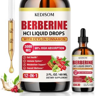 12n1 버베린 액체 장 균형 실론 시나몬 플러스 강황이 포함된 2 Fl Oz 3000mg 리포좀 HCL 복합체 드롭, 12-in-1 Berberine Supplement L, 1개, 75ml