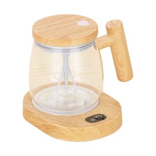 自動攪拌杯 玻璃咖啡杯 茶杯 咖啡杯 水杯 楓木色手柄 不鏽鋼 健身搖搖杯 400ML, 1個, 自動攪拌杯-透明色+杯墊