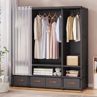 몬테리아 조립식 커튼 스텐드 행거 무볼트 가벼운 수납 옷장 선반형 비키니옷장 G518-049, 블랙