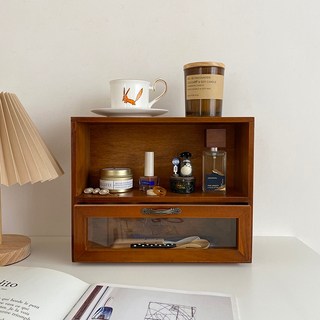 木質桌面收納櫃 化妝品置物櫃 實木小櫃子 辦公室書桌儲物櫃 木製置物架 咖啡收納櫃, 深木色