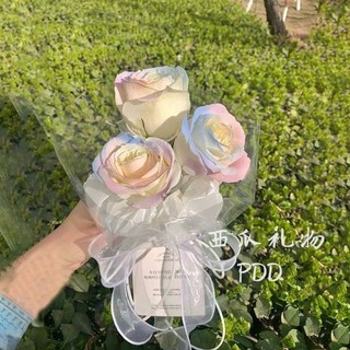 台灣發貨 統編 情人節禮物 人魚姬花束 仿真花束玫瑰花束 香皂花 乾燥花 生日禮物交換禮物情人節花束拍照道具七夕, 1個, 3朵人魚姬+雪梨紙