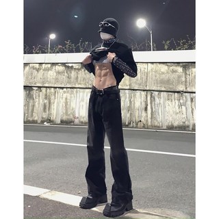 寬鬆男士牛仔褲 牛仔寬褲 美式高街直筒微喇黑色長褲