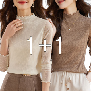 POMTOR 1+1 여성 레이스 셔츠 반폴라 이너 긴팔 티셔츠