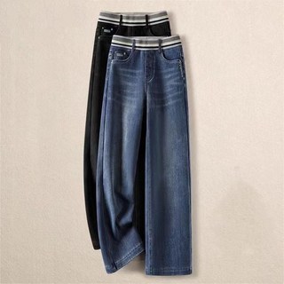 오스틱니 하이웨스트 편학게 허리밴딩 데님바지 와이드핏 봄가을신상 데님 통바지 일자핏 여성 청바지