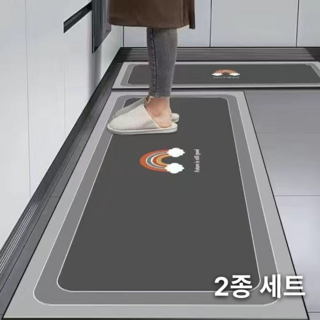 루루부라 빠른흡수 미끄럼방지 빨아쓰는 주방 규조토 매트 2종세트, 컬러플 그레이