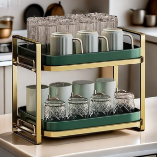 컵 정리함 머그컵 커피잔 정리함 보관함 주방정리 찻잔 선반 건조 트레이 2단, 1개, 그린골드