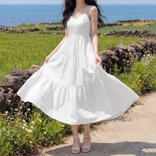 라뷰드 여성 여름 바캉스 A라인 민소매 캉캉 롱원피스 여자 휴양지 휴가 신혼 여행 나시 원피스 플레어 뒷지퍼 뷔스티에 드레스