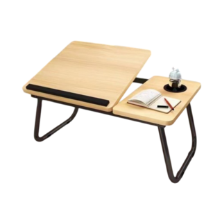 淘氣寶貝 可升降折疊電腦書桌 床上懶人桌 附杯架 多功能學習桌 55x32x25公分, 木紋色