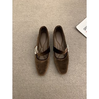 瑪莉珍鞋 娃娃鞋 淺口單鞋 法式複古氣質絨面高跟鞋