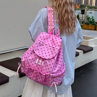 스트링포켓 땡땡이 백팩 여성 큐트 플랫 버킷 나일론 배낭
