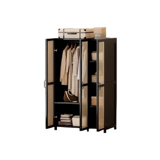 透氣孔洞實木衣櫃，加深43公分穩固耐用，靜音鉸鏈分層收納，臥室更衣室儲物櫃, 方型塑藤三門-黑色【家庭推薦】