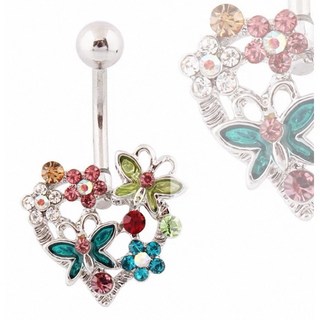 O2 蝶戀花肚臍環，醫用不鏽鋼防過敏肚臍釘，滿鑽時尚肚臍扣飾品, 1個